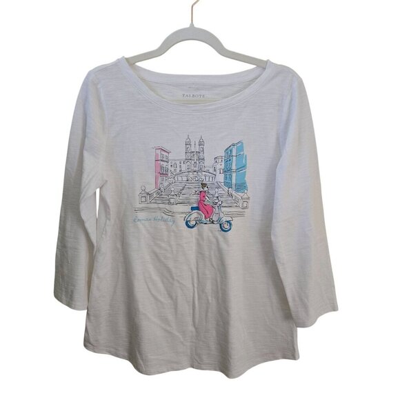 Talbots Cotton Bateau Neck Tee Scooter Girl Roman Holiday Travel Size M - Picture 2 of 5
